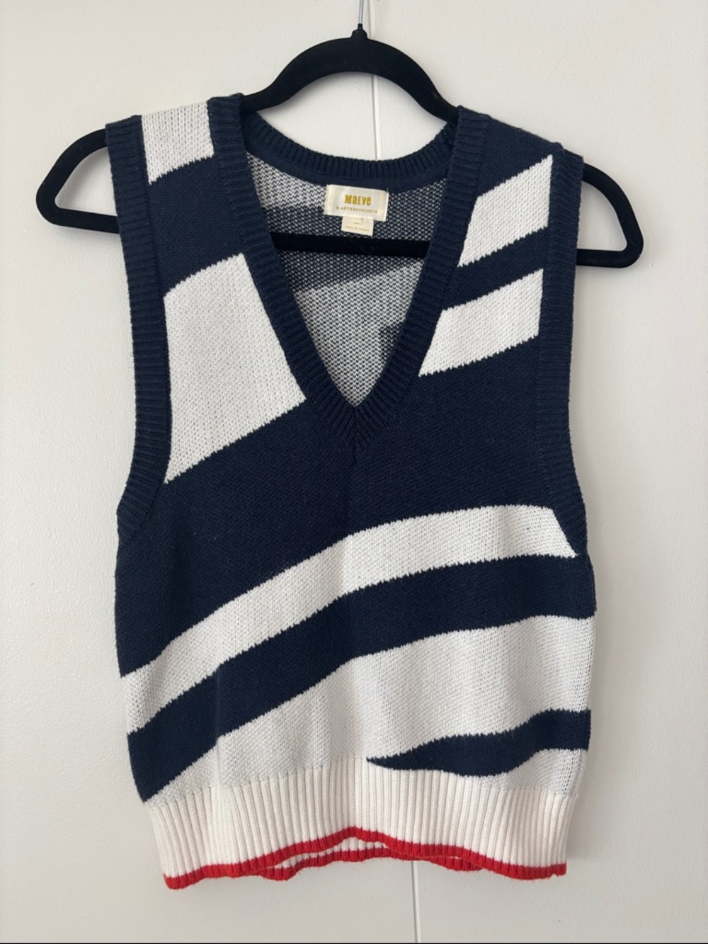 Maeve Navy, White & Red Striped V-Neck Sweater Vest